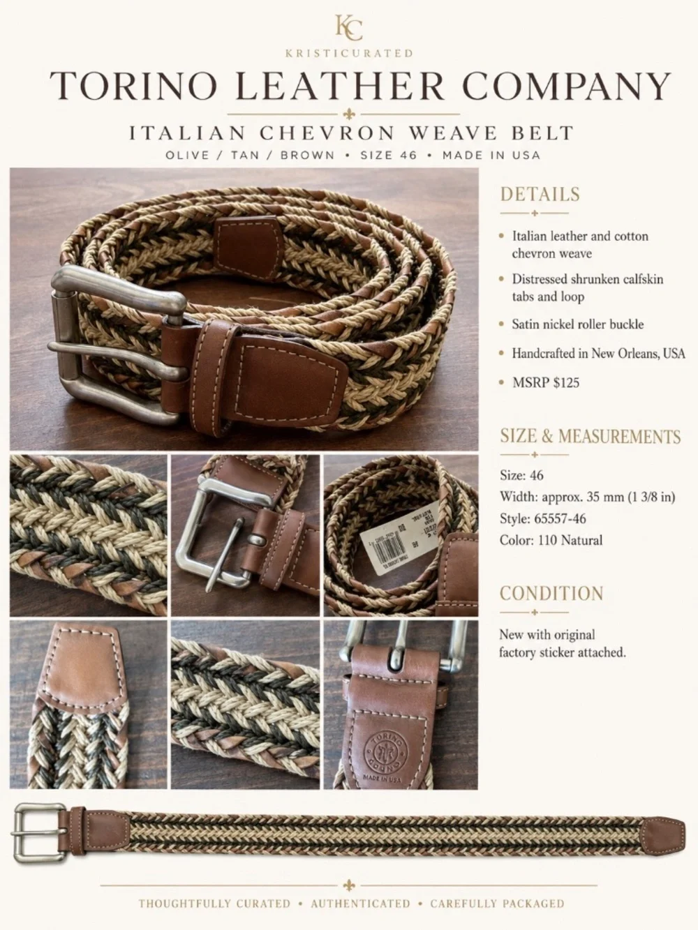 Torino Leather Co Chevron Weave Belt Olive Tan Brown Size 46 Made in USA
